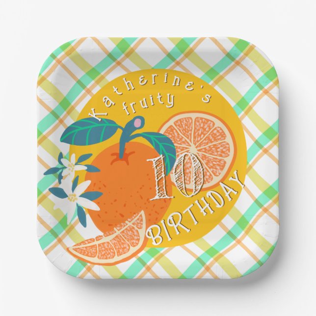 Assiette en papier Orange Fruité à carreaux pour l (Recto)
