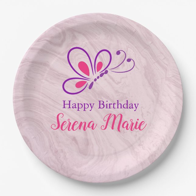 Assiette en papier papillon pour anniversaire de f (Devant)