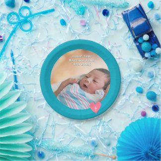 Assiette en papier photo Baptême Bleu sarcelle Dou