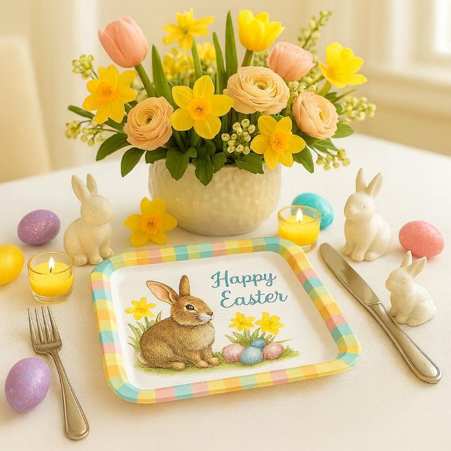 Assiette en papier plaid de printemps avec lapin d (Cheerful springtime Easter Bunny paper plate.  Perfect for holiday gatherings )