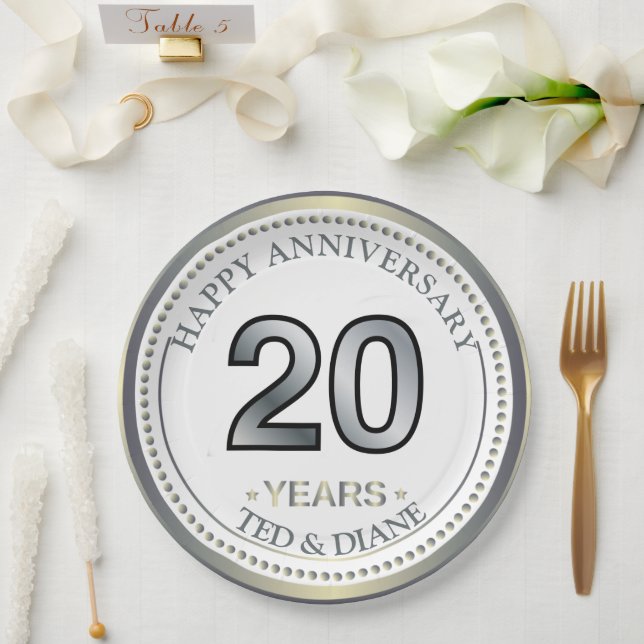Assiette en papier Platine 20e Anniversaire (Mariage)
