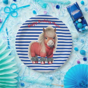 Assiette en papier Poney Bleu et Rouge