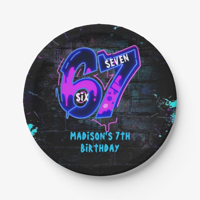 Assiette en papier pour 7e anniversaire Neon Graff (Devant)