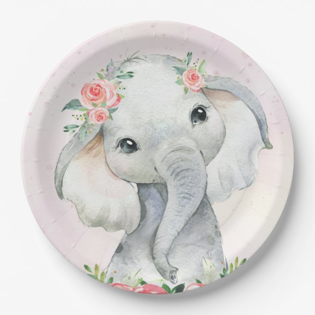 Assiette en papier pour baby shower éléphant bébé  (Devant)