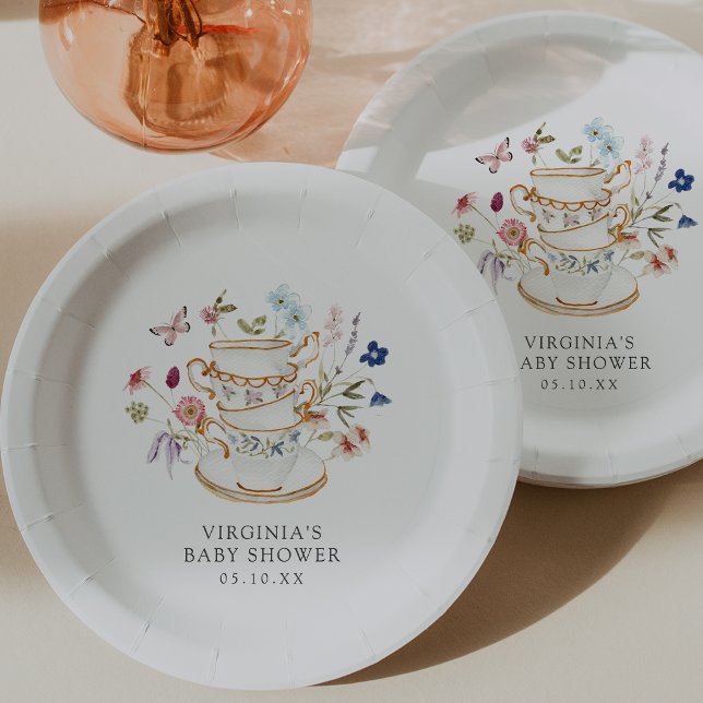 Assiette en Papier pour Baby Shower Floral (Floral Decor Tea Party Baby Shower Paper Plate with Butterfly by Painted Paperie
)