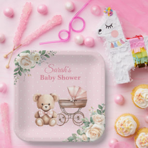 Assiette en papier pour Baby Shower Ourson Rose Pa