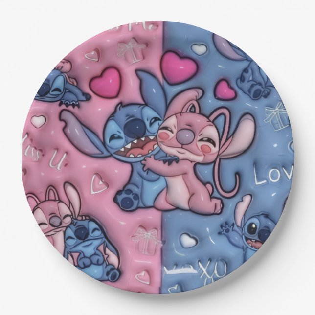 Assiette en papier pour couple Mignon Stitch et An (Devant)