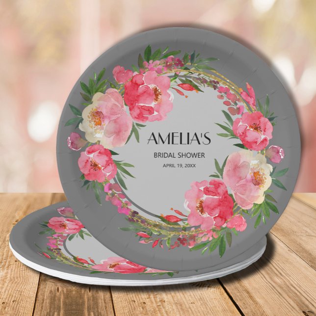 Assiette en papier pour douche de mariée à fleurs  (Watercolor pink and cream peony flowers on gray bridal shower paper plates)