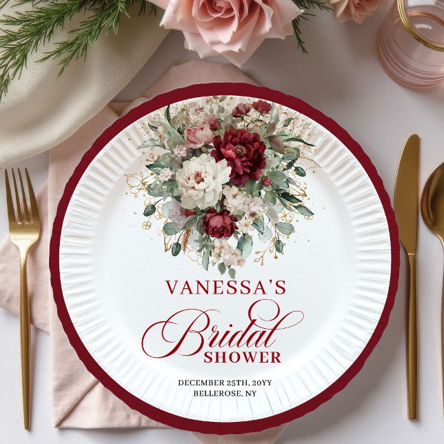 Assiette en papier pour douche de mariée florale d (Artistic Burgundy Floral Bridal Shower Paper Plates)