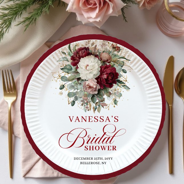 Assiette en papier pour douche de mariée florale d (Charming Burgundy Floral Bridal Shower Paper Plates)