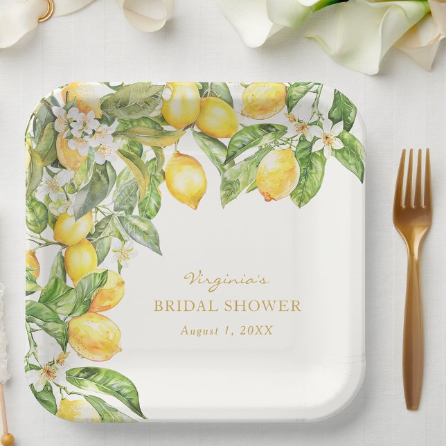 Assiette en papier pour douche de mariée florale i (Elegant Lemon Floral Watercolor Bridal Shower Paper Plate by Painted Paperie
)