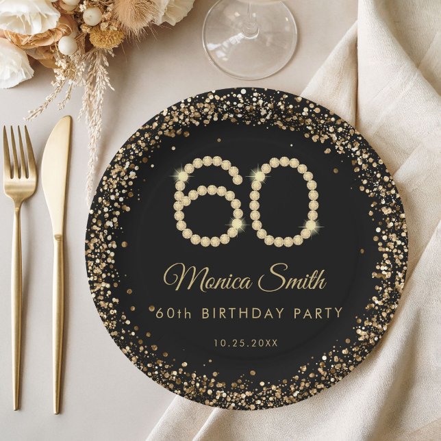 Assiette en papier pour fête d'anniversaire 60 ans (Gold Diamonds 60th Birthday Paper Plate)