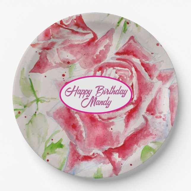 Assiette en papier pour fête motif fleurs rose rou (Devant)