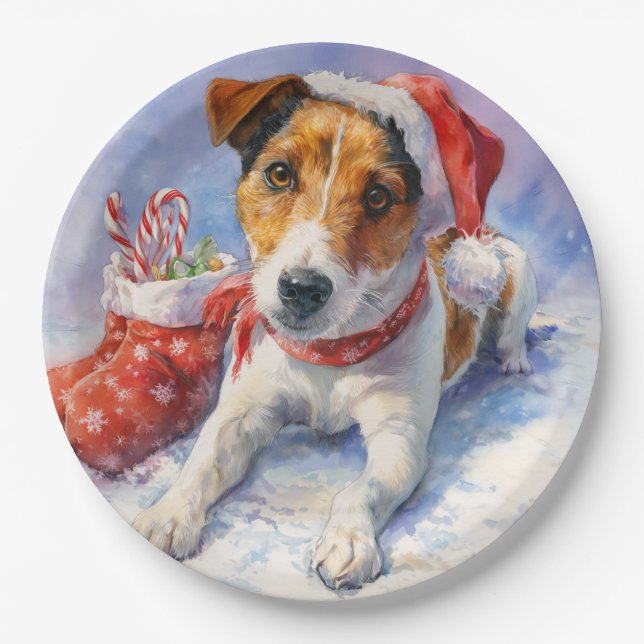 Assiette en papier pour Jack Russell à Noël (Devant)
