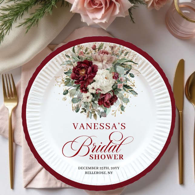 Assiette en papier pour la douche de mariée, Marsa (Chic Marsala Floral Gold Bridal Shower Paper Plates)
