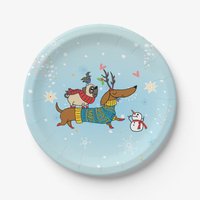 Assiette en papier pour les fêtes avec dachshund,  (Devant)