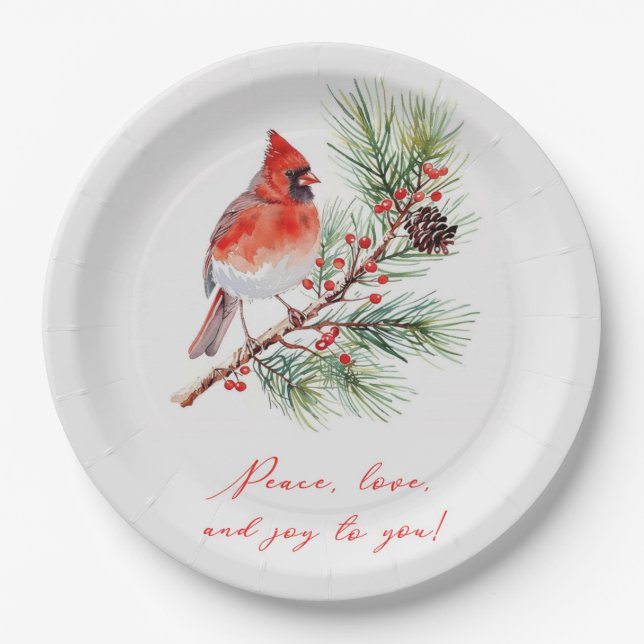 Assiette en papier pour Noël Cardinal Oiseau Rouge (Devant)
