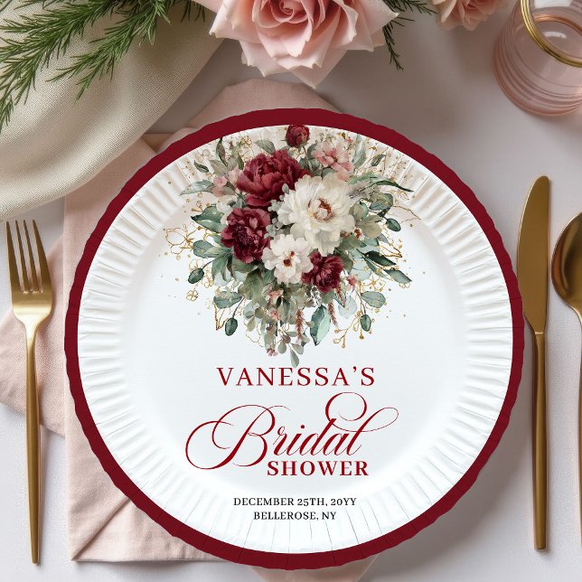Assiette en papier pour une douche de mariée flora (Romantic Burgundy Floral Bridal Shower Paper Plates)
