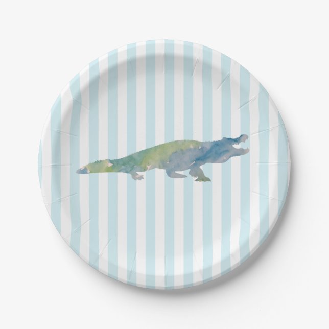 Assiette en papier rayée bleue peinture crocodile (Devant)