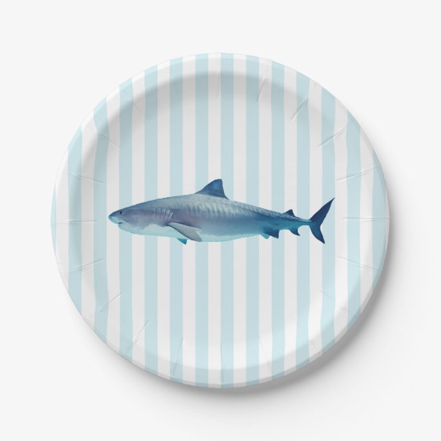 Assiette en papier rayée bleue peinture de requin (Devant)