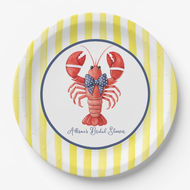 Assiette en papier rayée jaune homard d'été (Devant)