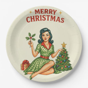 Assiette en papier rétro Pin-Up Joyeux Noël vacanc