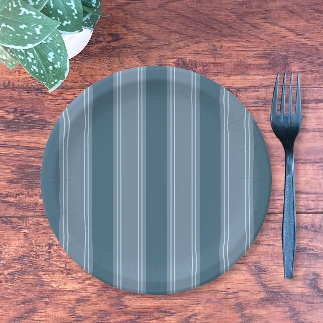 Assiette en papier ronde à motif rayure bleue (Blue stripe pattern round paper plate)
