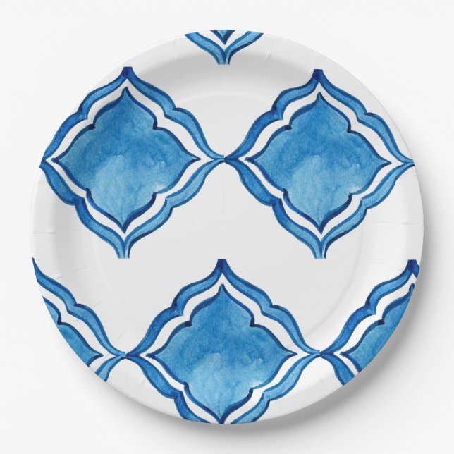 Assiette en papier ronde en carreaux bleus cobalt  (Devant)