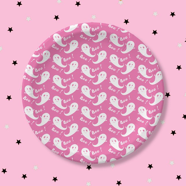 Assiette en papier rose à motif de fantôme mignon  (Spooky Cute Ghost Pattern Pink Halloween Paper Plate .)