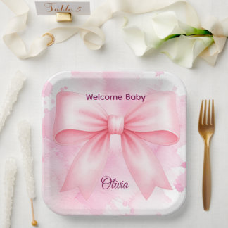 Assiette en papier rose à nœud coquette Bienvenue