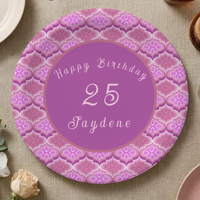 Assiette en papier rose et violet de style Ogee av (Pink & Purple birthday plates made personal. Add your age and name for a bold, festive touch.)