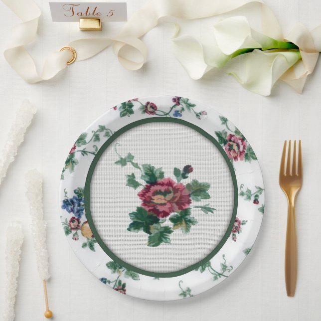 Assiette en papier Rose Faux Point de Croix (Mariage)