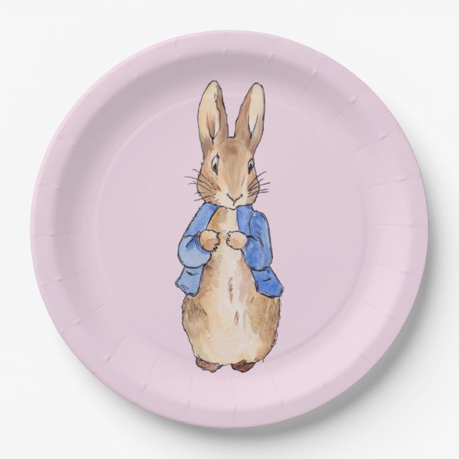 Assiette en papier rose fond classique lapin (Devant)