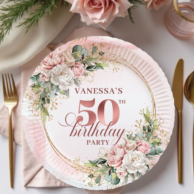 Assiette en papier Rose Gold Peony Greenery 50e An (Rose Gold Peony Greenery 50th Birthday Paper Plates)