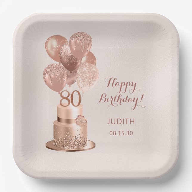 Assiette en papier rose gold pour 80e anniversaire (Recto)