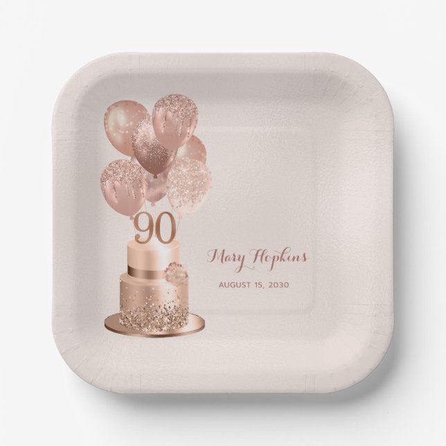 Assiette en papier rose gold pour 90e anniversaire (Recto)