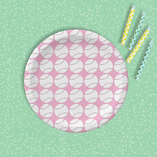 Assiette en papier rose motif baseball (Pink paper plate with a simple baseball pattern . )