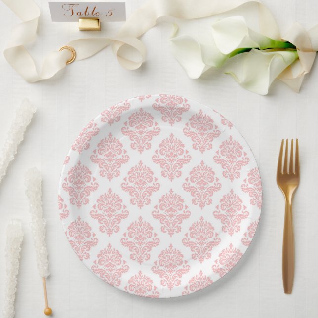Assiette en papier rose pastel pêche Pastel Damask (Mariage)
