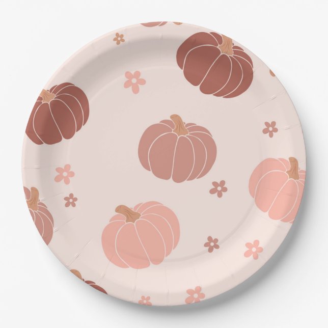 Assiette en papier rose rétro citrouille premier a (Devant)