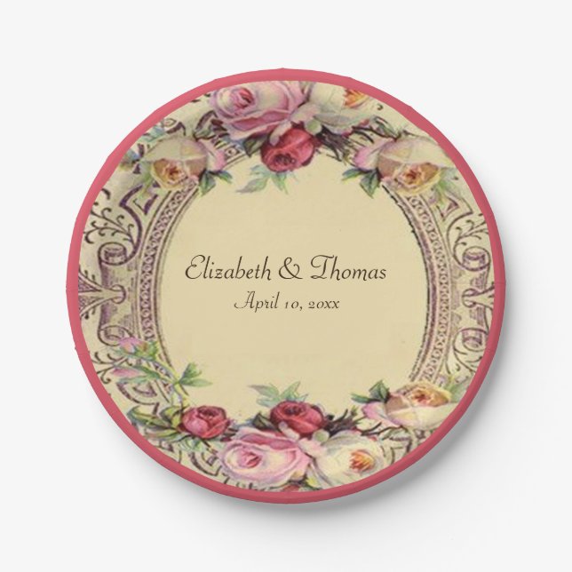Assiette en papier Roses roses élégantes de style  (Devant)