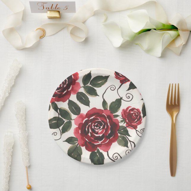 Assiette en papier Roses Rouge Foncé (Mariage)