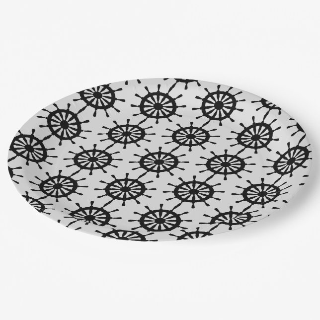 Assiette en papier - Roues de navire noires (Angle)