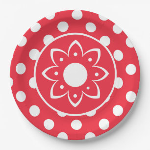 Assiette en papier rouge à pois blancs