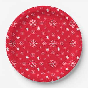 Assiette en papier rouge avec flocons de neige bla