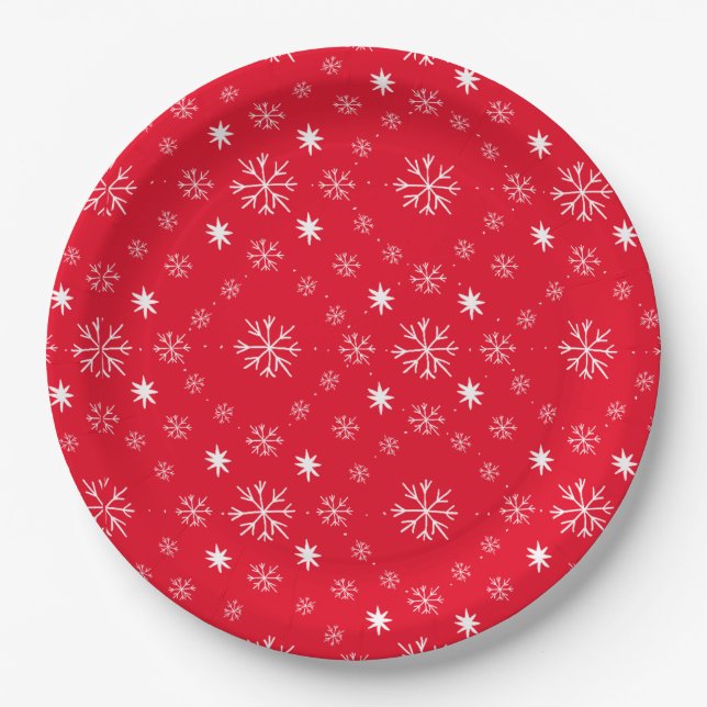Assiette en papier rouge avec flocons de neige bla (Devant)