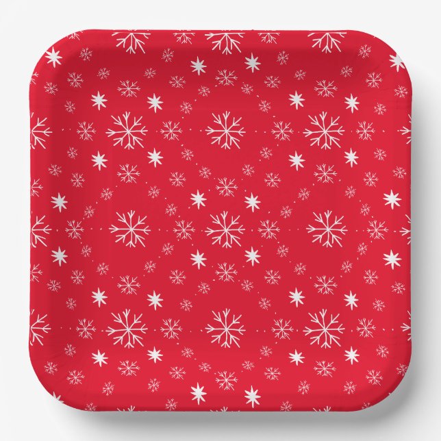 Assiette en papier rouge avec flocons de neige bla (Recto)