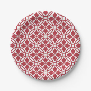 Assiette en papier rouge et blanc à motif géométri