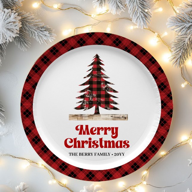 Assiette en papier rouge noir carreau rustique pou (Rustic Red Black Plaid Christmas Party Paper Plates)