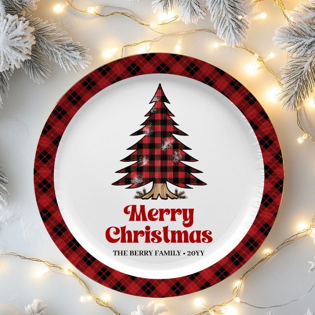 Assiette en papier sapin à carreaux rustique chaud (Warm Rustic Plaid Tree Christmas Party Paper Plates)