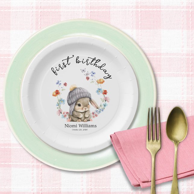 Assiette en papier simple lapin aquarelle pour le  (Simple Watercolor Bunny First Birthday Paper Plate 1)